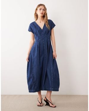 ARKET Cinched Waist Denim Bubble Maxi Dress - Blue