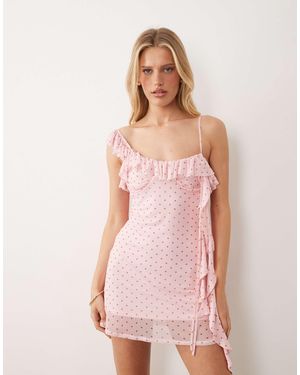 ASOS Frill Detail Mesh Mini Dress With Ruched Bust Detail - Pink