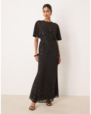 Maya Floral Embellished Angel Sleeve Maxi Dress - Black
