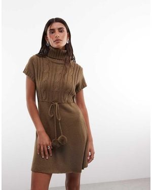 Daisy Street High Neck Knit Mini Dress With Tie Pom Poms - Brown