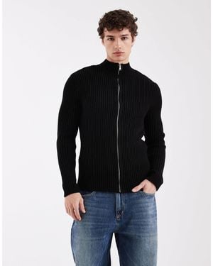 ASOS Knitted Ribbed Zip Through Cardigan - Black