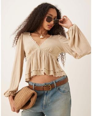 ASOS Crinkle Tie Back Balloon Sleeve Top With Lace Trim - Blue