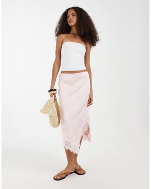 Vero Moda Satin Midi Skirt With Lace Detail - Natural