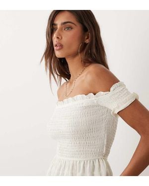 Kaiia Exclusive Shirred Textured Peplum Bardot Top - White