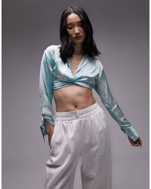 TOPSHOP Tie Dye Twist Front Satin Blouse - Gray