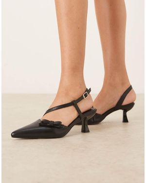 Glamorous Slingback Kitten Heeled Shoes With Bow - Natural