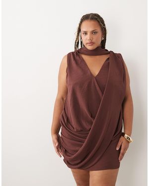 ASOS Asos Design Curve Drape Wrap Front Mini Dress With Scarf Detail - Brown