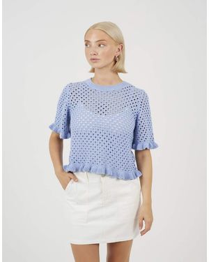Brave Soul Open Knit T Shirt With Frill Hem - Blue
