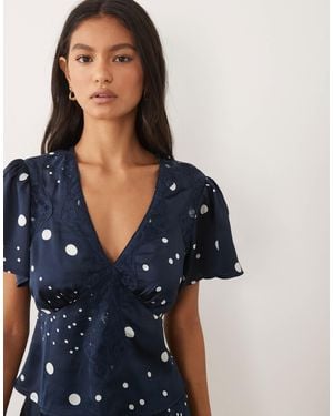 Wednesday's Girl Short Sleeve Satin Top With Lace Trim - Blue