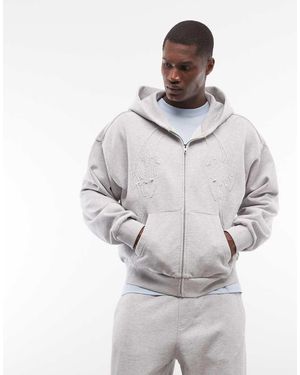 Weekday Felpa Con Cappuccio E Zip Squadrata Mélange Con Dettagli Ricamati - Grigio