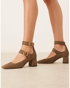 ASOS Sasha Double Buckle Strap Mid Block Heel Shoes - Natural