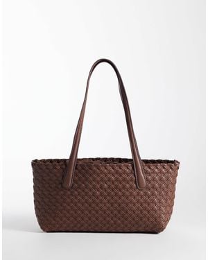 Mango Faux Leather Woven Tote Bag - Brown