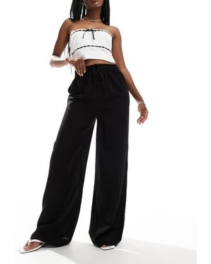 In The Style Linen Blend Wide Leg Drawstring Trousers - Black