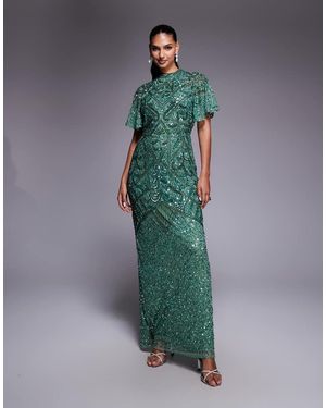 Beauut Vestido Largo Con Cuello Subido, Abertura Vertical En La Espalda Y Diseño Adornado Con Cuentas De - Verde