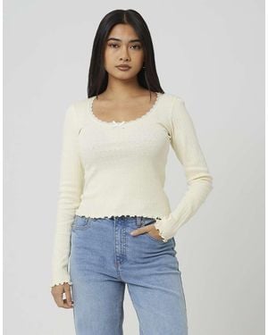 Brave Soul Long Sleeve Pointelle Top With Lace Trim And Bow - White