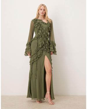 ASOS Asos Design Tall Chiffon Long Sleeve Asymmetric Tiered Soft Ruffle Maxi Dress - Green
