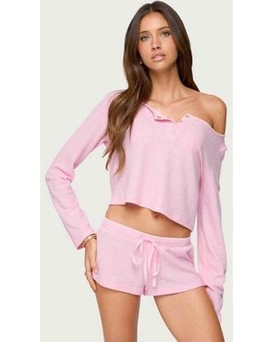 Edikted Teddy Cropped Waffle Top - Pink
