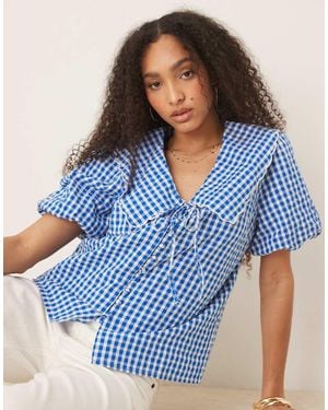 Nobody's Child Top A Cuadros Vichy Azules Con Mangas Abullonadas Y Solapas Grandes Birdie De