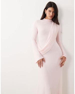 ASOS Mesh Draped High Neck Long Sleeve Maxi Dress - Pink