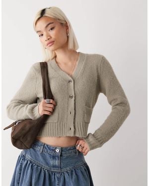 Monki Cropped Cardigan With Front Pockets - Gray