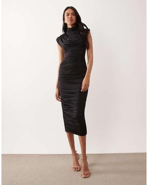TFNC London Slinky High Neck Shoulder Pad Drape Detail Midi Dress - Natural