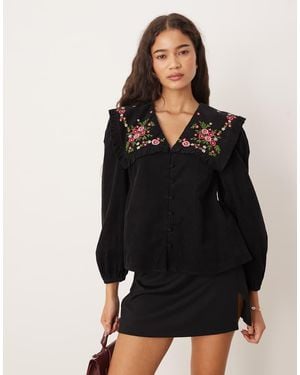 Nobody's Child Eloise Cord Embroidered Collar Smock Blouse - Black