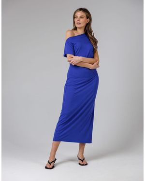 French Connection Ruched Boat Neck Short Sleeve Midi Dress - Blue