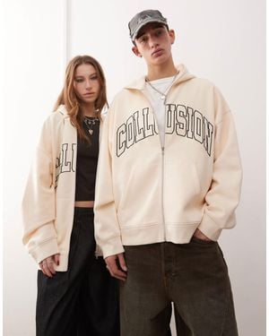Collusion Unisex Varsity Embroidered Zip Through Hoodie - Natural
