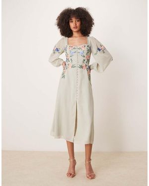 Hope & Ivy Embroidered Square Neck Open Back Midi Dress - Natural