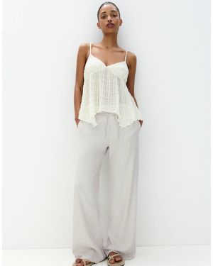 Pull&Bear Tie Up Waist Frayed Hem Wide Leg Trousers - White