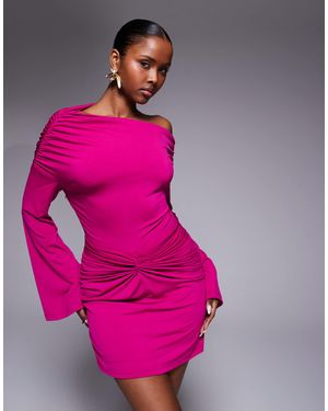 Ruched & Ready Ruched & Ready Sculpting Off The Shoulder Wide Sleeves Twisted Skirt Detail Mini Dress - Pink