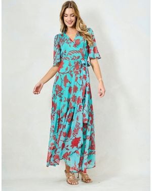 Hope & Ivy The Nikita Flutter Sleeve Maxi Wrap Dress With Tie Waist - Blue