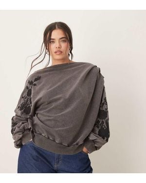 ASOS Asos Design Curve Off The Shoulder Sweat With Embroidery - Grey