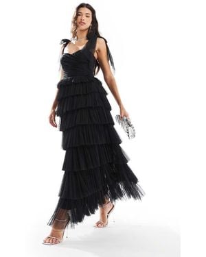 LACE & BEADS Bow Shoulder Tulle Maxi Dress - Black