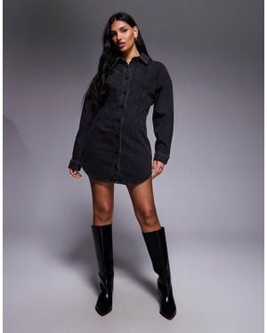 GOOD AMERICAN Denim Cinched Waist Curve Hem Shirt Dress - Blue