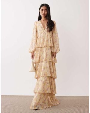 Pretty Lavish Ruffle V Neck Long Sleeved Maxi Dress - Natural