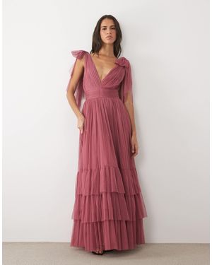 LACE & BEADS Madison Tulle Bow Shoulder Plunge Neck Maxi Dress - Red