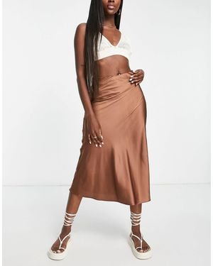 Monki Satin Midi Skirt - Brown