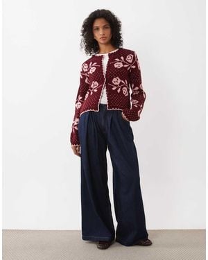 Miss Selfridge Cardigan Lavorato A Maglia Con Punto Coperta Con Motivi A Fiori E A Pois - Blu