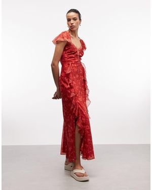 Reclaimed Vintage Maxi Dress With Godet Ruffles And Splits - Red