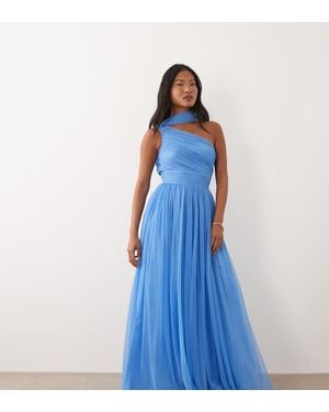 LACE & BEADS Vestito Lungo Monospalla Blu Acciaio Con Collo A Sciarpa