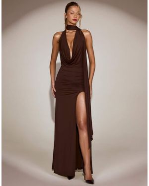 Oh Polly Scarf Neck Cowl Front Open Back Maxi Dress - Brown