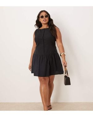 ASOS Asos Design Curve Slash Neck Button Down Dropped Waist Mini Dress - Black