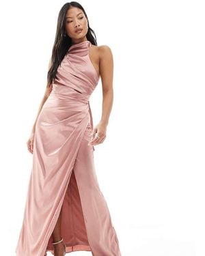 TFNC London Bridesmaid Satin High Neck Maxi Dress With Bow Back - Pink