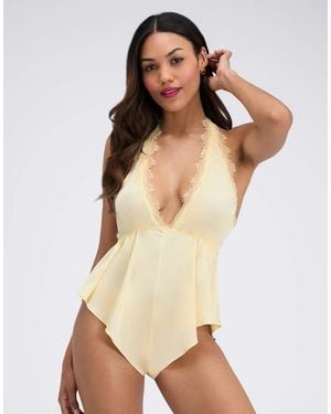 Boux Avenue Carly Halter Satin Teddy Deep Plunge Neckline Sexy Lingerie - Natural
