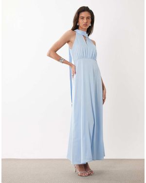 Y.A.S Vestido Midi Largo Satinado Con Cuello Alto Y Detalle De Pañuelo En Azul Suave - Blanco