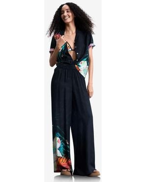 Desigual Pantalones Negros Fluidos Con Estampado Tropical - Azul