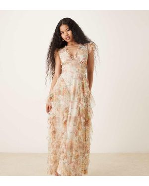 LACE & BEADS Tulle Maxi Dress With Frills - Natural