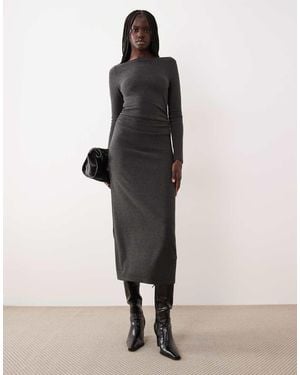 Mango Vestido Largo De Manga Larga Con Cuello Barco Y Cintura Fruncida De - Gris
