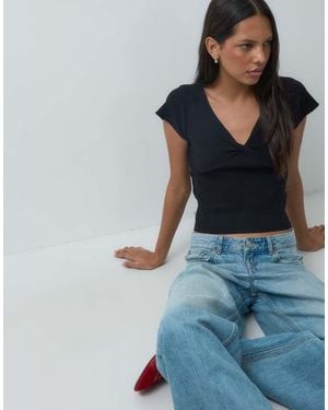 Mango Teen V-Neck Cap Sleeve Ruched Detail Top - Blue